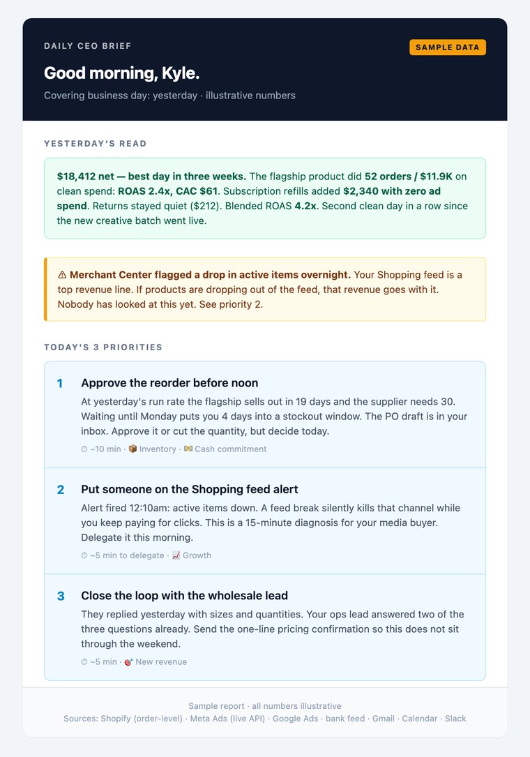 Sample daily CEO report: morning brief with priorities